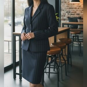 Halston Blazer And Skirt Set Navy And White Pinstripe Size 8